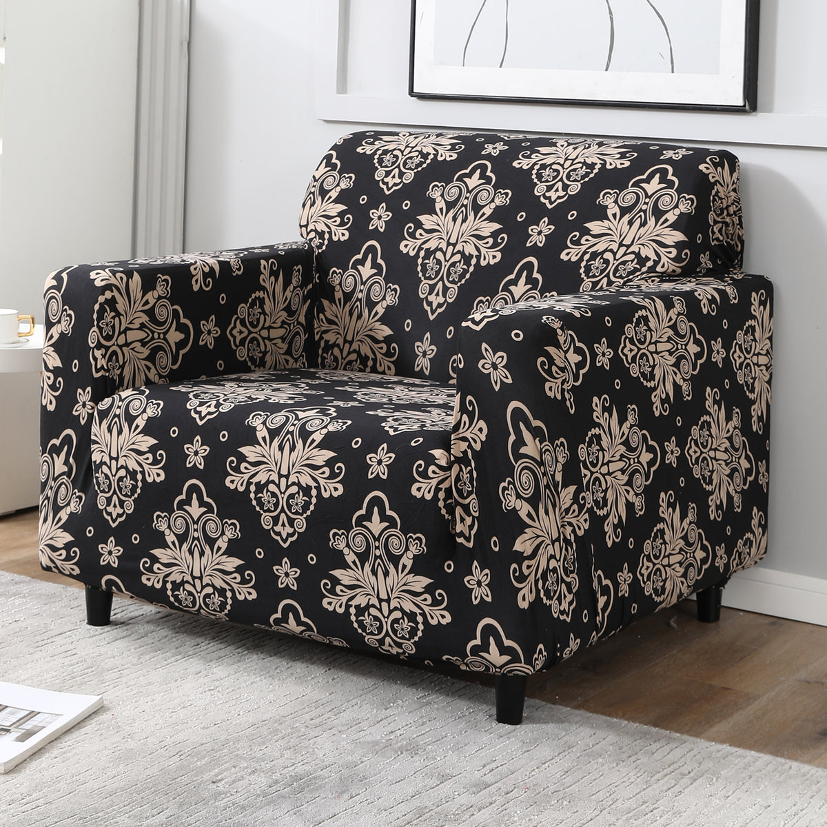 Black Damask Printed non slip elastic 1 seater sofa cover​