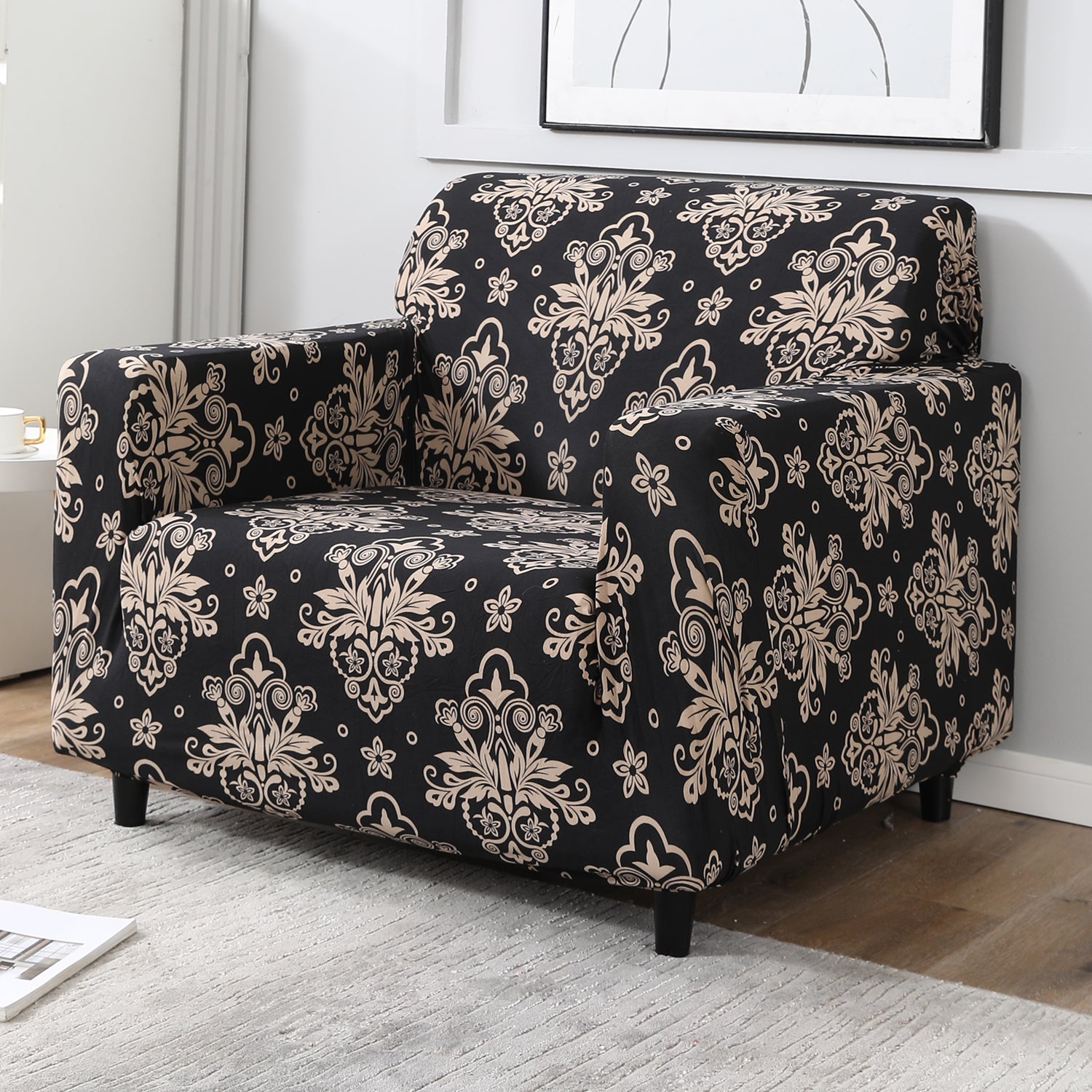 Black Damask Printed non slip elastic 1 seater sofa cover​