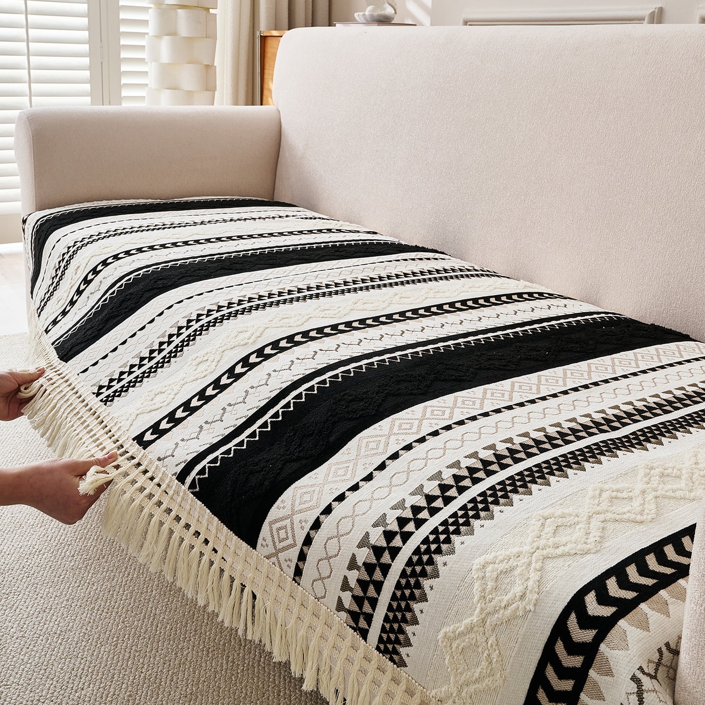 Nordic Boho Geometric Sofa Cover Mat with Tassel, 'Nordic Tassel Series'  Aurora Black