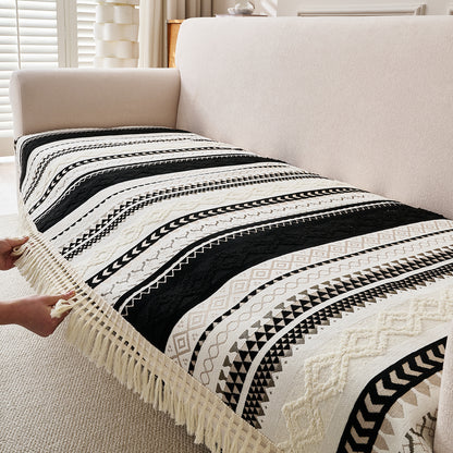 Nordic Boho Geometric Sofa Cover Mat with Tassel, 'Nordic Tassel Series'  Aurora Black