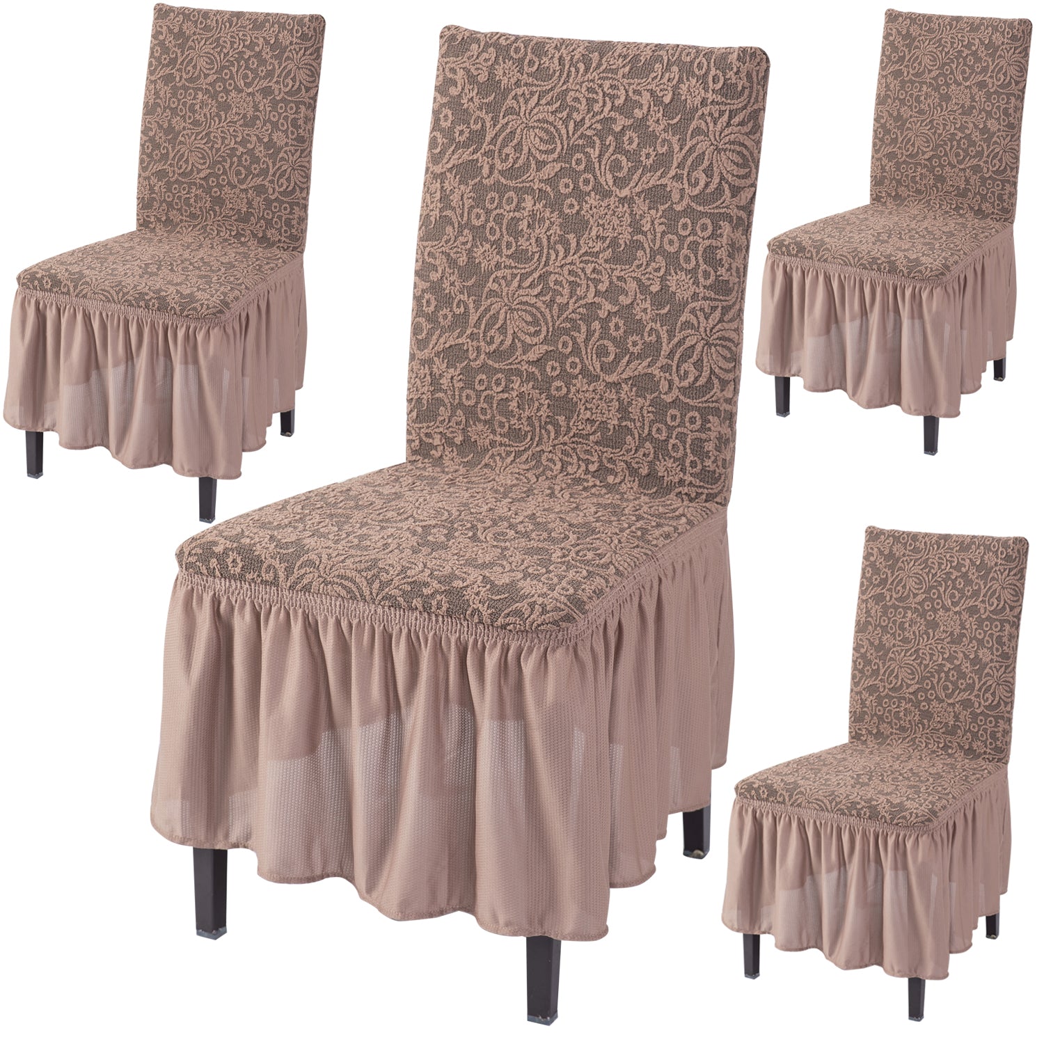 Elastic Stretchable Designer Woven Jacquard Dining Chair Cover with Frill, Light Taupe