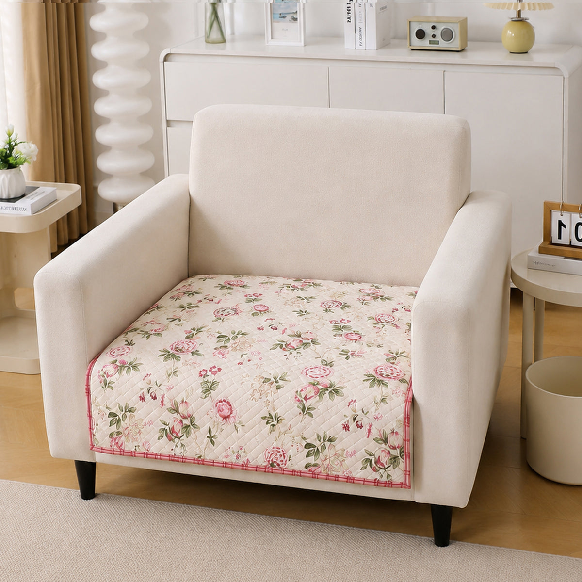 'Homehues' Printed Quilted Sofa Cover Mats, Beige Peonies