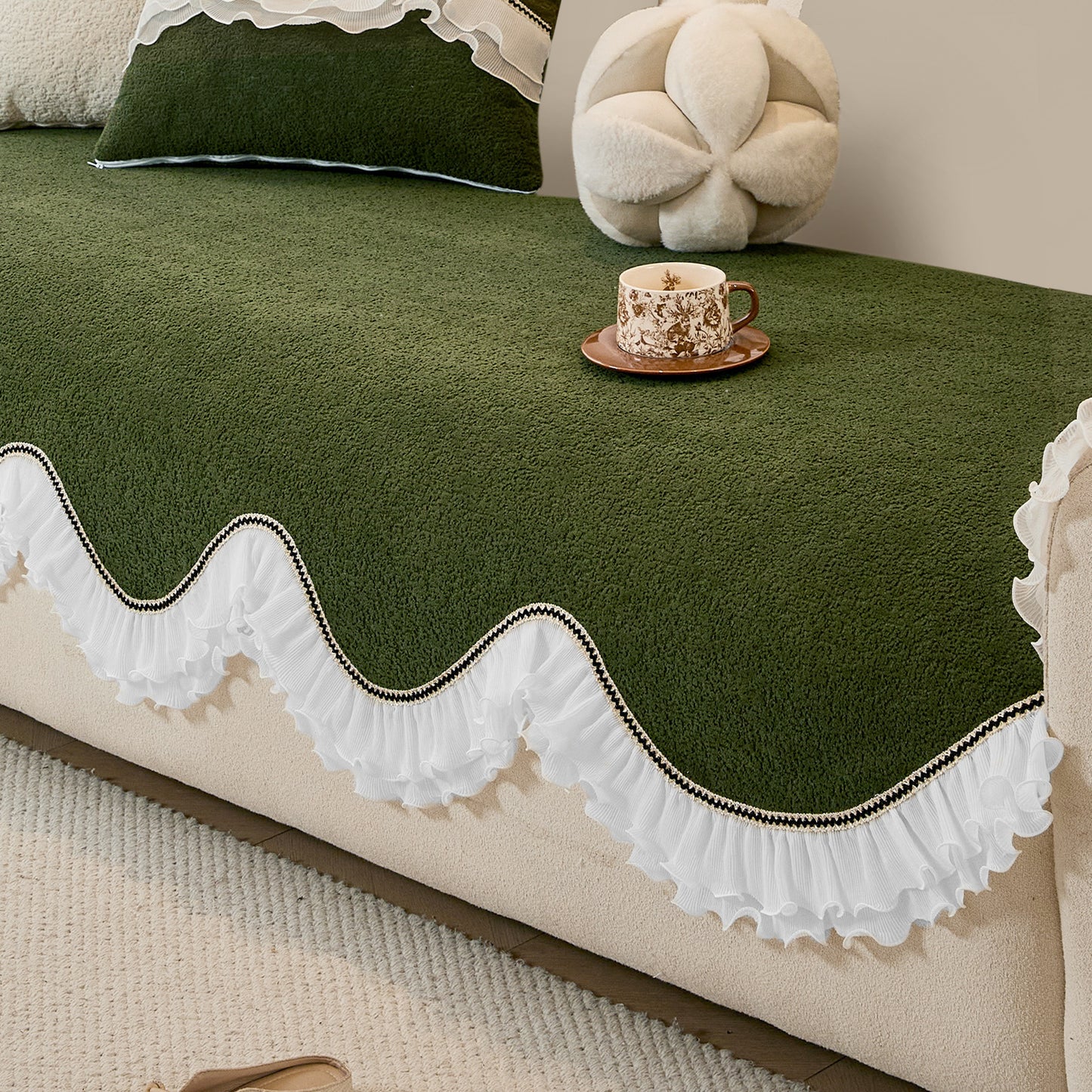 French Classic Frill Wavy Sofa Cover Mat, Dark Olive Green