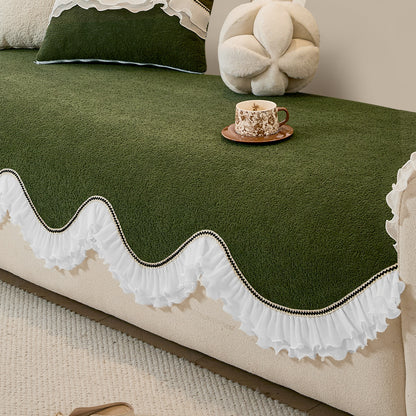 French Classic Frill Wavy Sofa Cover Mat, Dark Olive Green