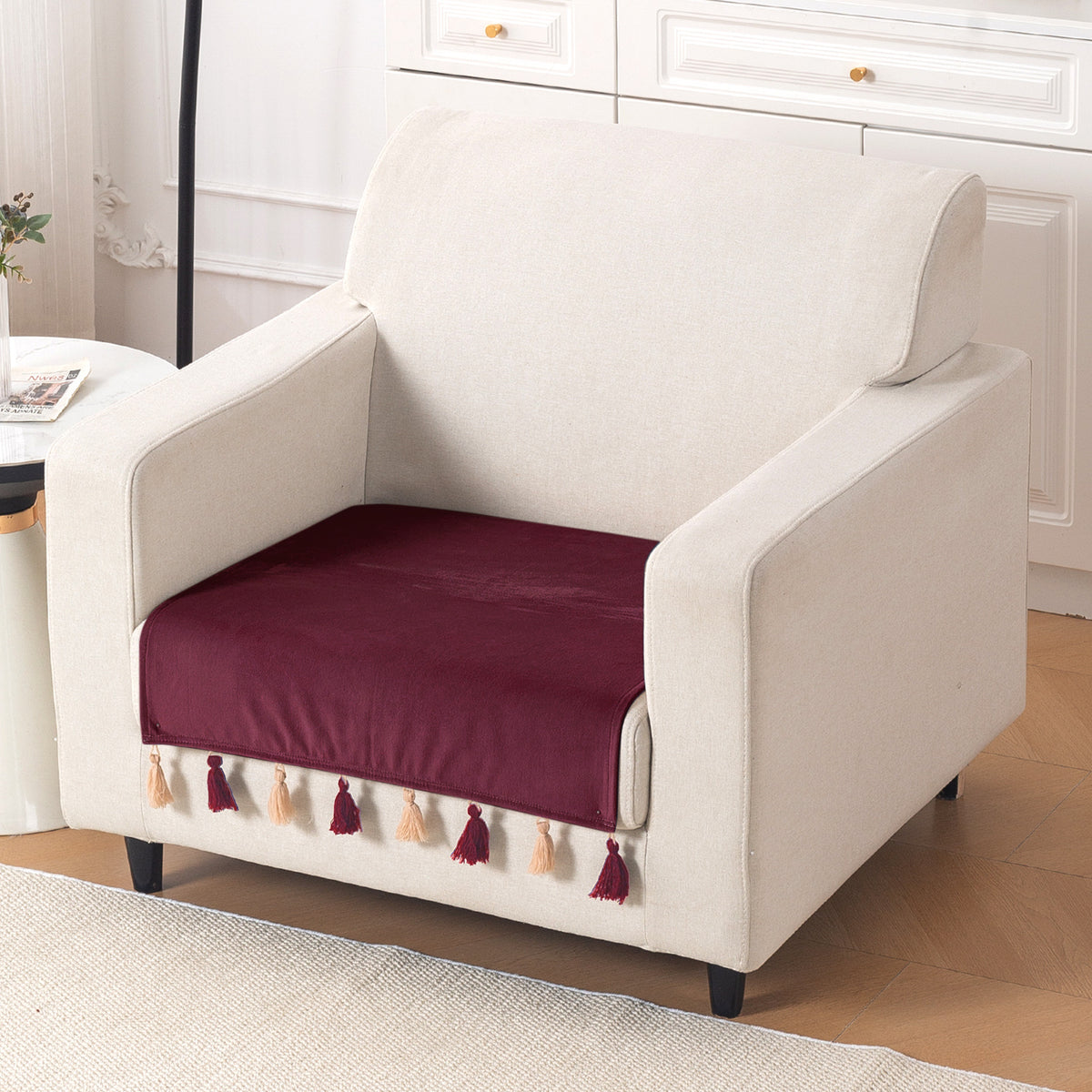 Tassel Tone Holland Velvet Sofa Cover Mat, Wine Red