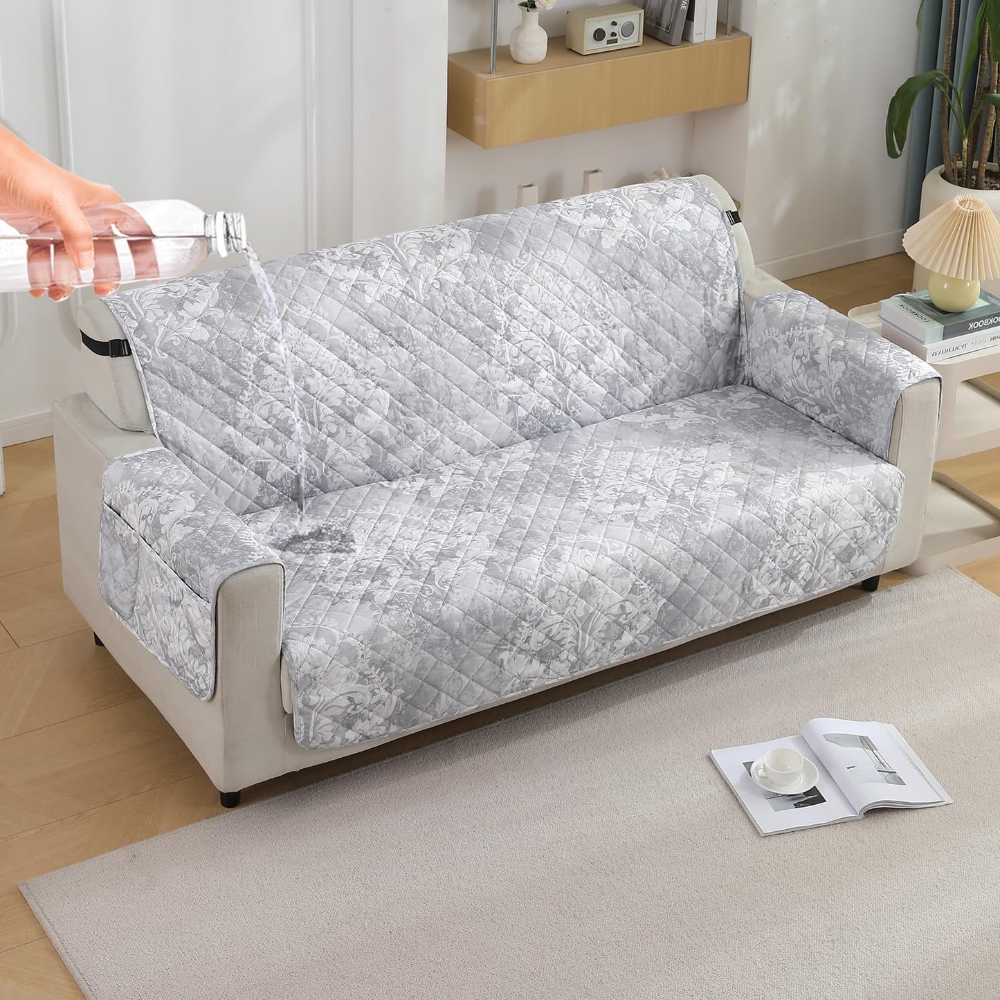 HOKIPO Quilted Waterproof Sofa Cover Mat with Pockets on Armrest Cover - Motifs Cloud Grey