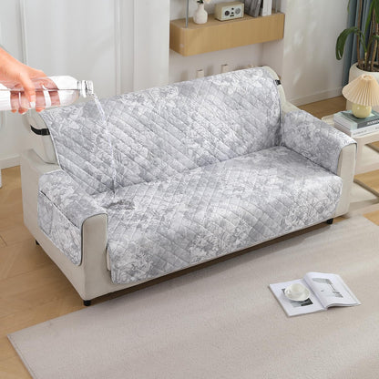 HOKIPO Quilted Waterproof Sofa Cover Mat with Pockets on Armrest Cover - Motifs Cloud Grey