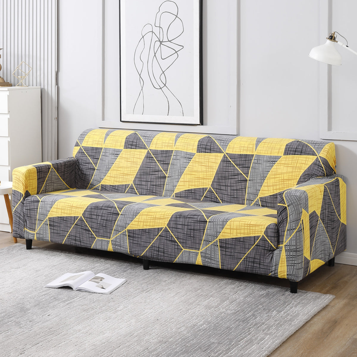 Abstract Grey polyester, non slip, elastic 4 seater sofa cover​s