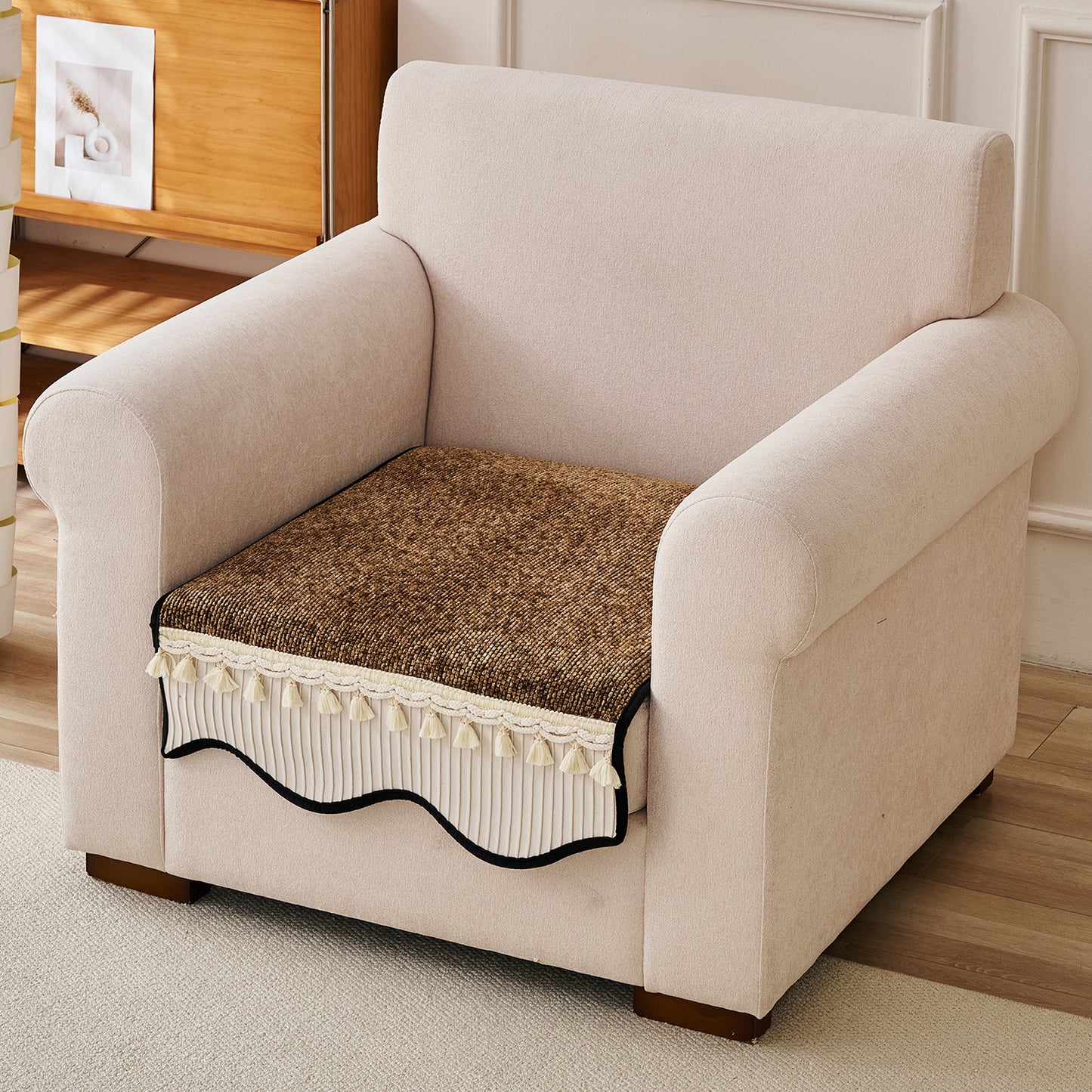 'Wavy Royale Series' Thick Woven Weave Chenille Sofa Cover with Tassel, Chestnut Brown
