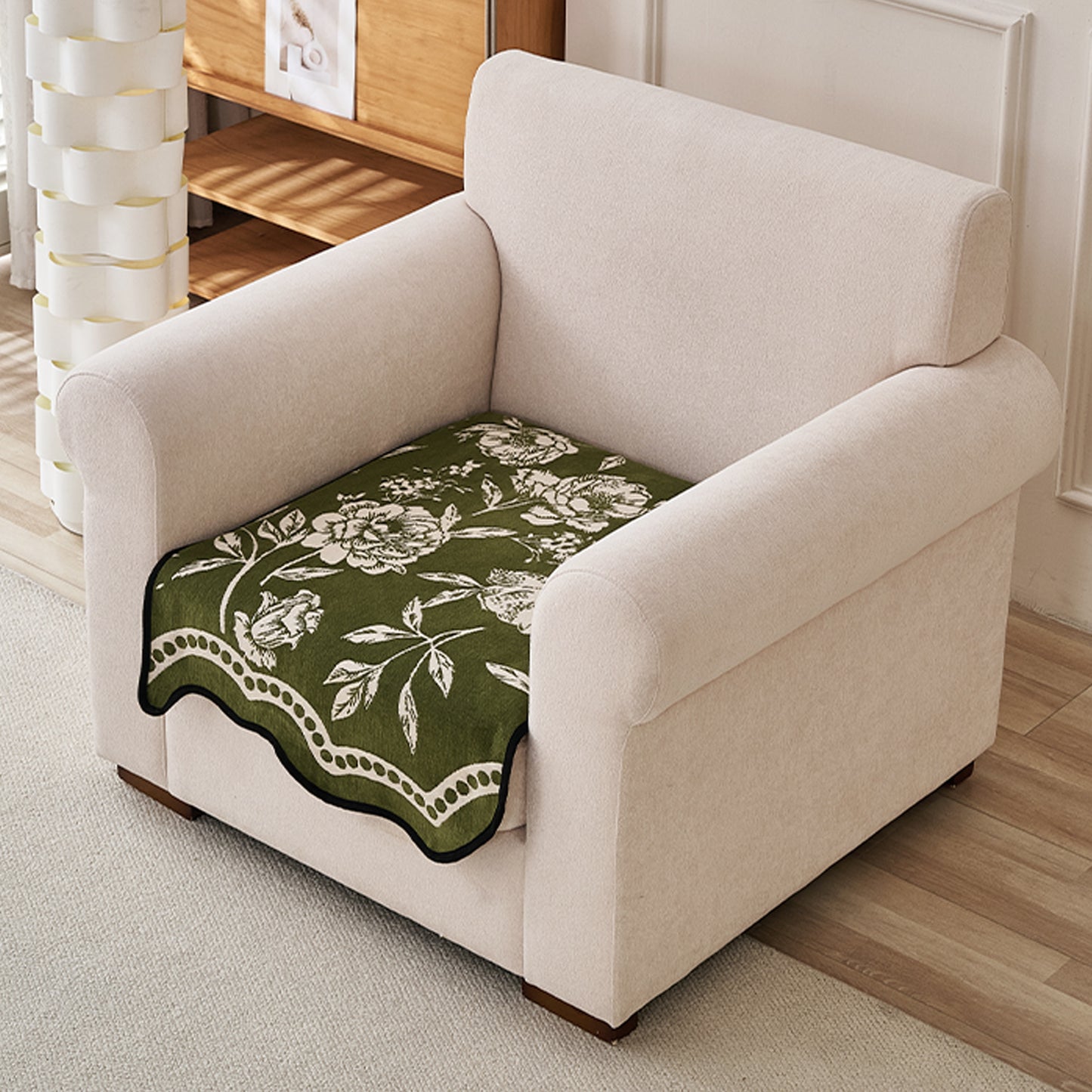 Chenille Sofa Cover Mat with Curvy Edges, 'Retro Curves Series' Sofa Mat, Olive Green