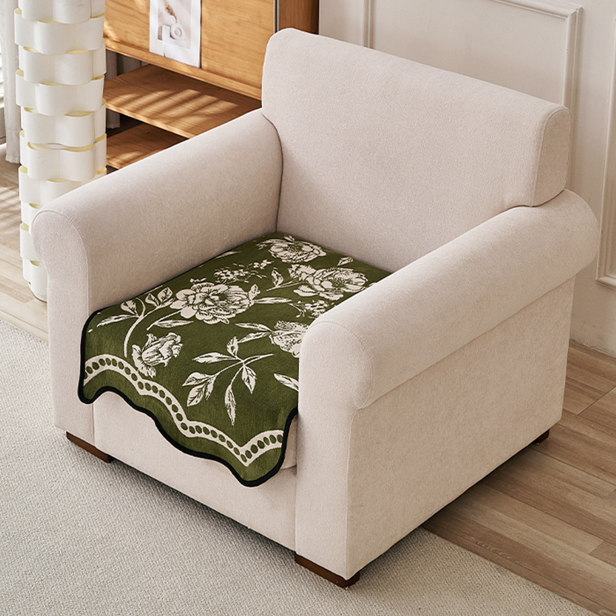 Chenille Sofa Cover Mat with Curvy Edges, 'Retro Curves Series' Sofa Mat, Olive Green