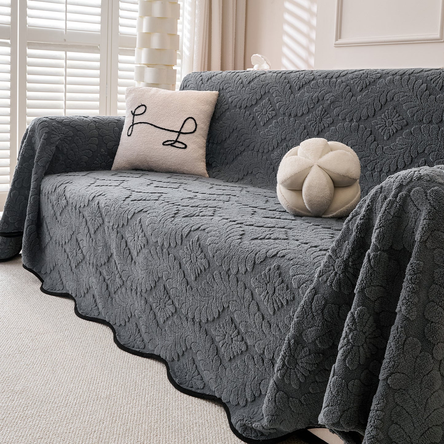 Buy Charcoal Grey Colour Wavy Petal Crest Series Plush Sofa Throw – 3 Seater Sofas | HOKIPO