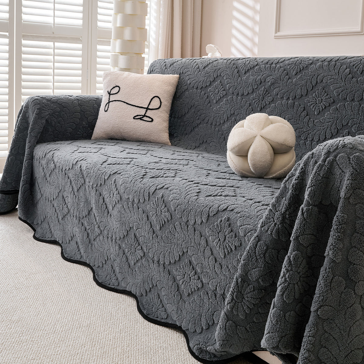 Buy Charcoal Grey Colour Wavy Petal Crest Series Plush Sofa Throw – 3 Seater Sofas | HOKIPO