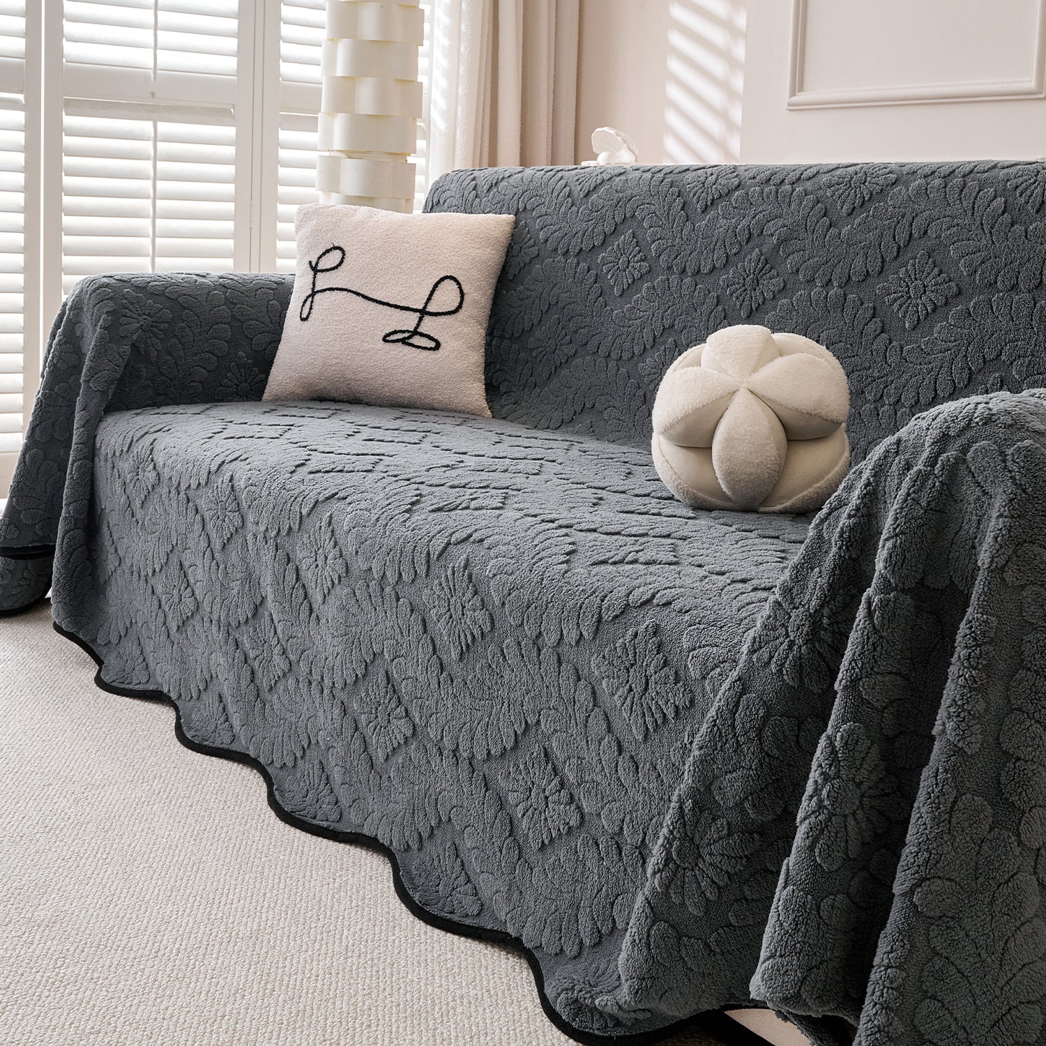 Buy Charcoal Grey Colour Wavy Petal Crest Series Plush Sofa Throw – 3 Seater Sofas | HOKIPO