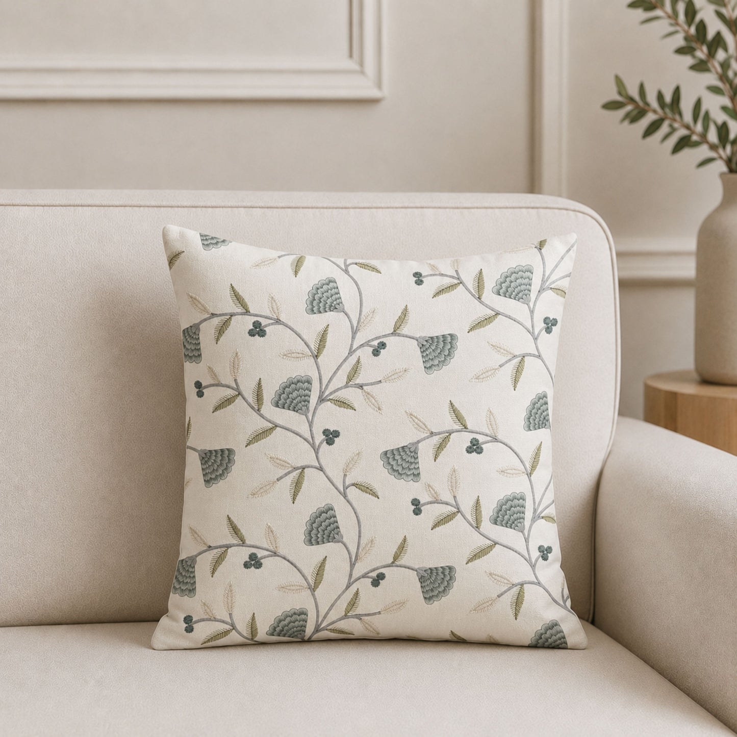 HOKIPO Botanical Embroidered Cushion Cover 16x16 in, Teal