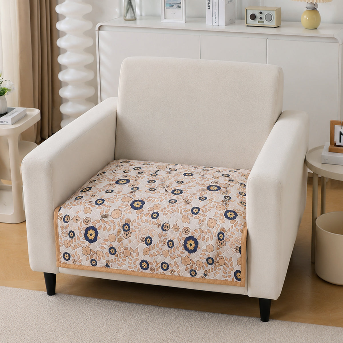 'Homehues' Printed Quilted Sofa Cover Mats,Light Peach Candytuft