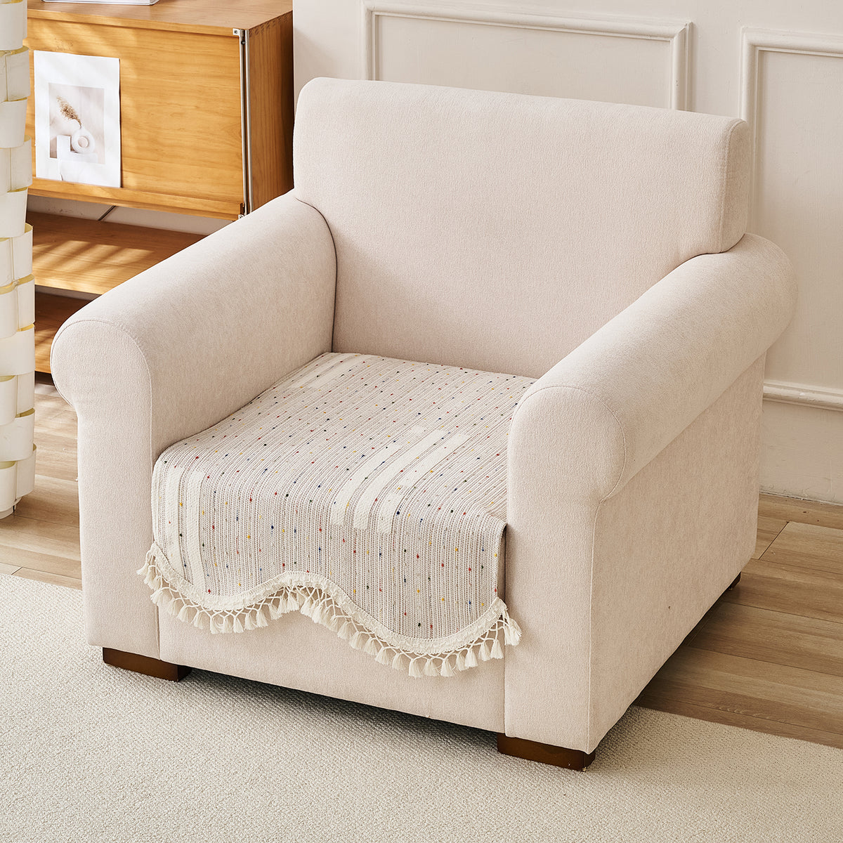 DreamWave Chenille with Tassels Sofa Cover Mat, Pastel Sand