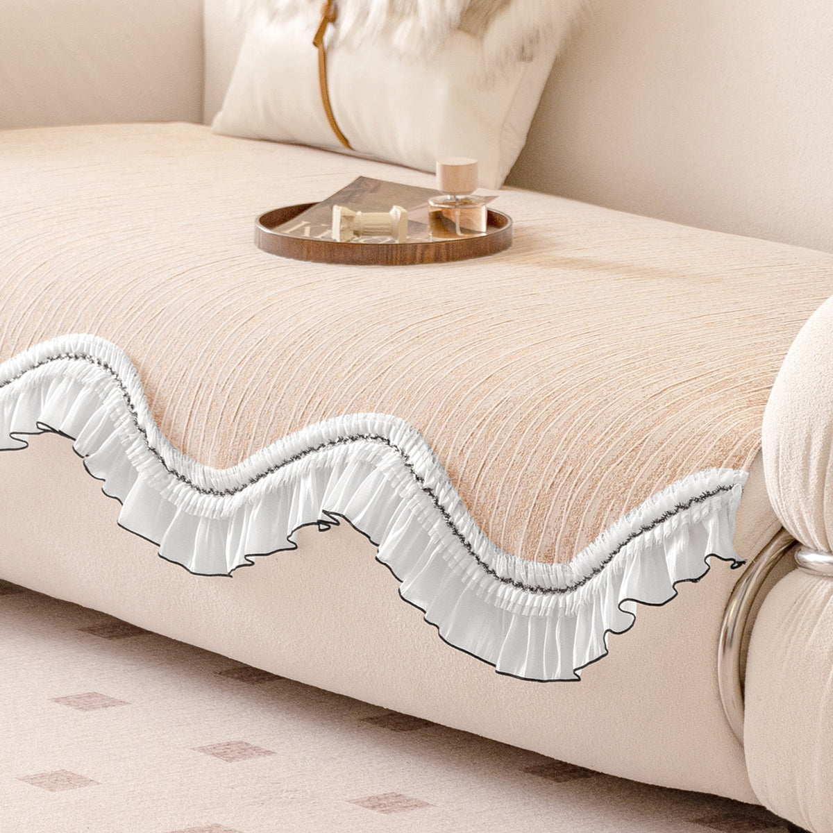 French Lace & Luxe with White Ruffle Edge Sofa Cover Mat, Oakwood Brown