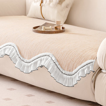 French Lace & Luxe with White Ruffle Edge Sofa Cover Mat, Oakwood Brown