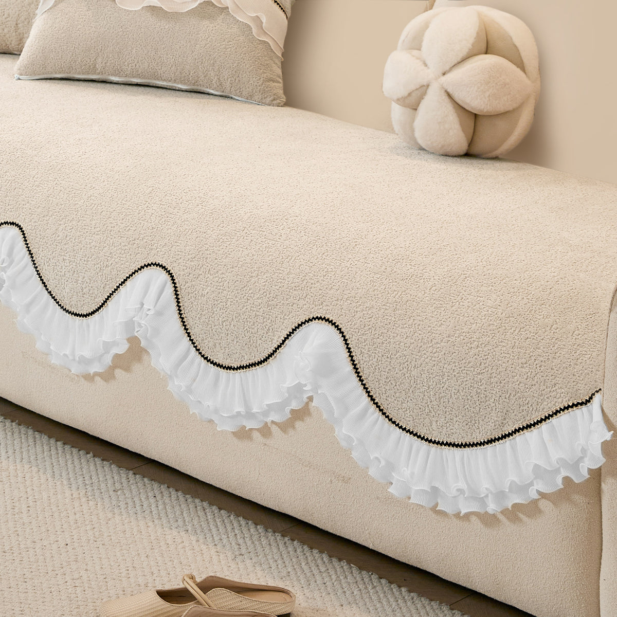 French Classic Frill Wavy Sofa Cover Mat, Champagne Beige