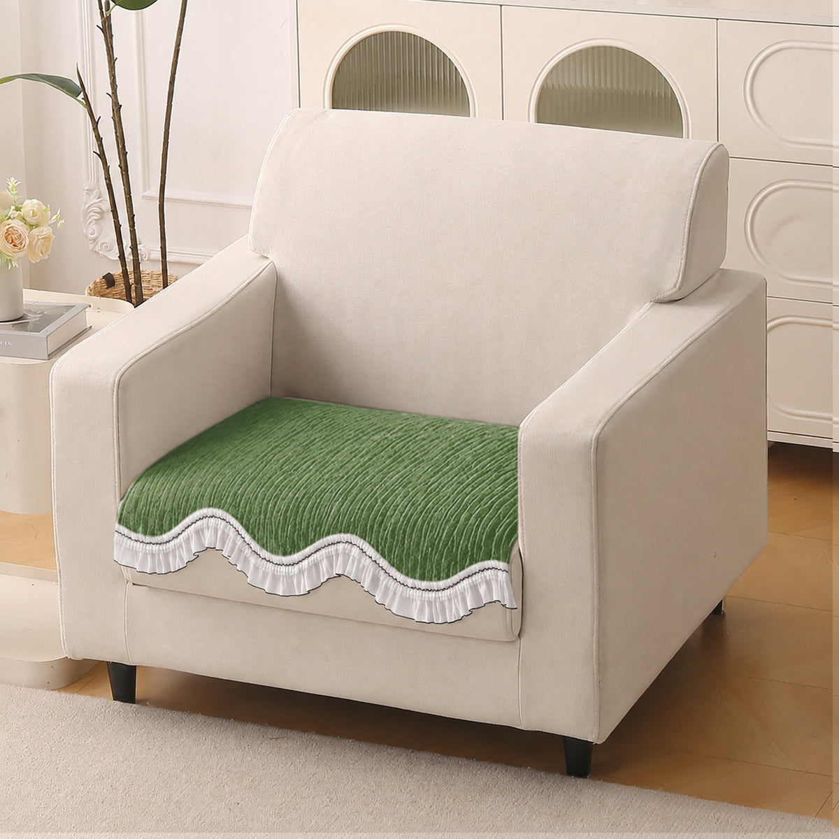 French Lace & Luxe with White Ruffle Edge Sofa Cover Mat, Willow Ash Green