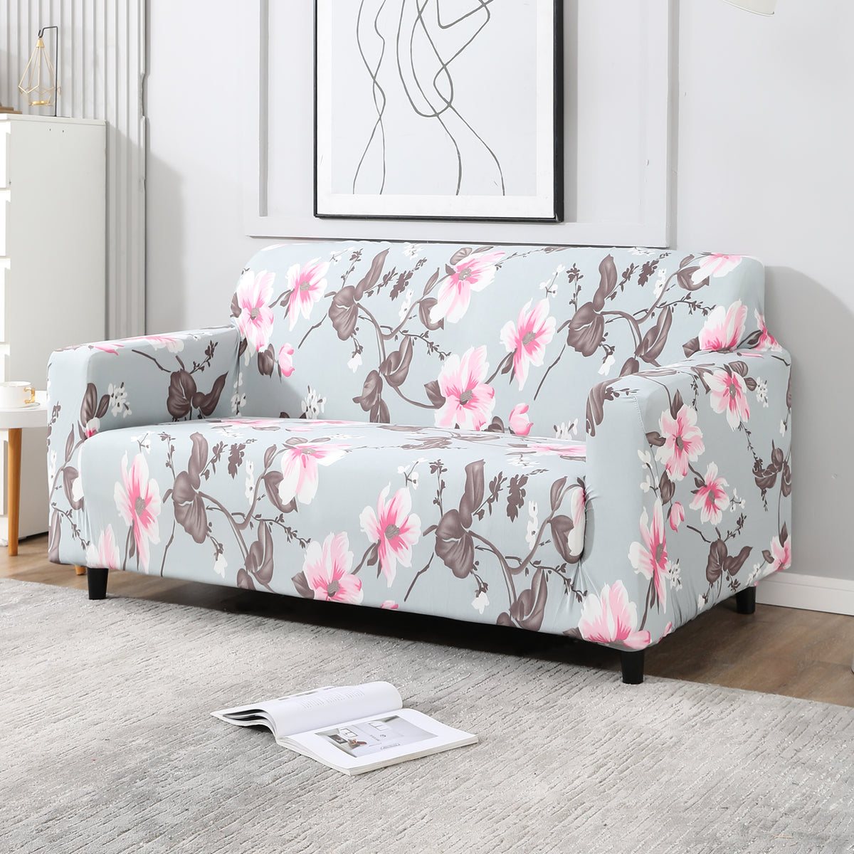 Bluish Grey  Printed non slip elastic 2 seater sofa cover