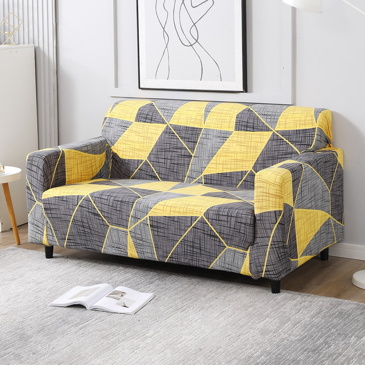Abstract Grey polyester non slip elastic 2 seater sofa cover