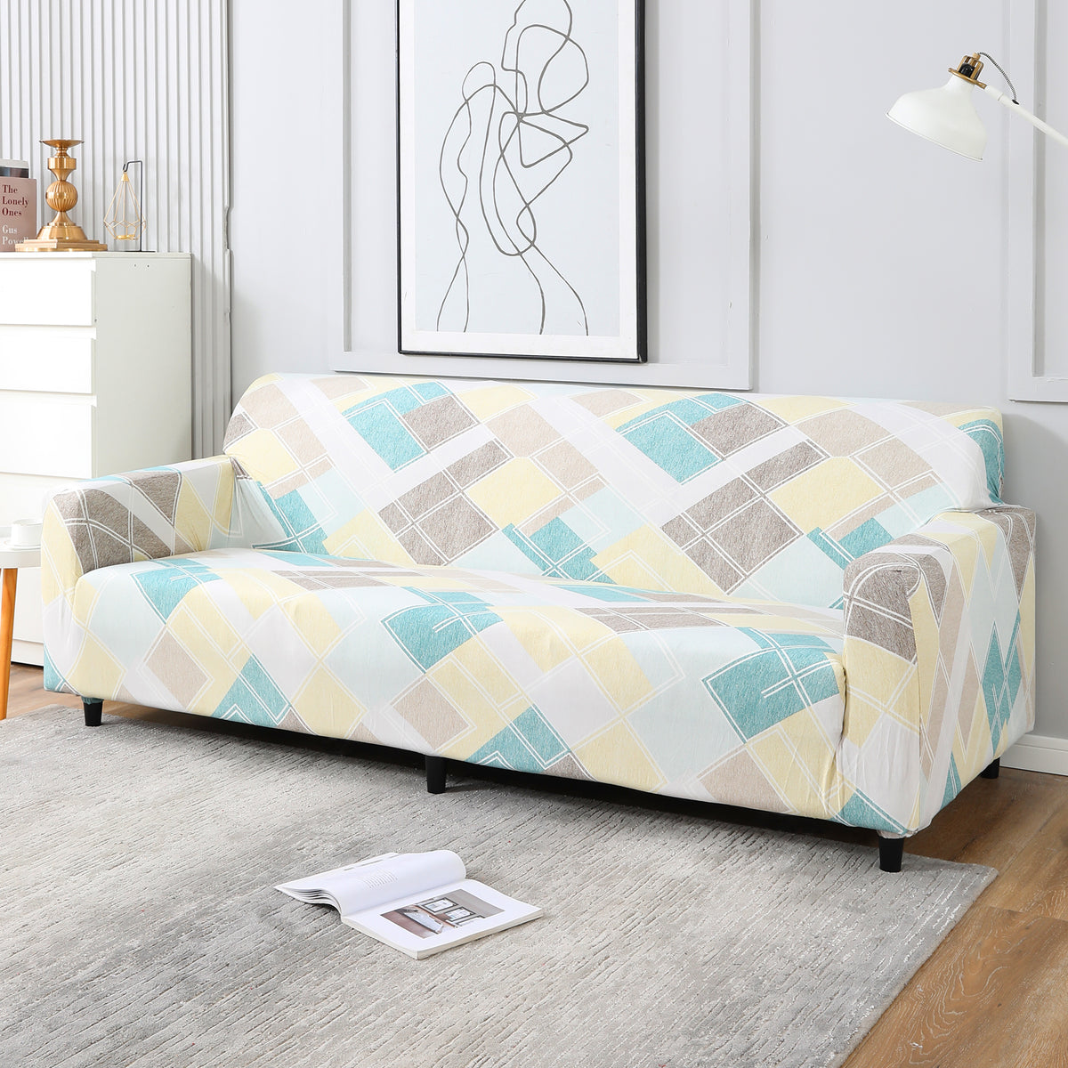 Pastel Diamond Printed, non slip, elastic 4 seater sofa cover​s