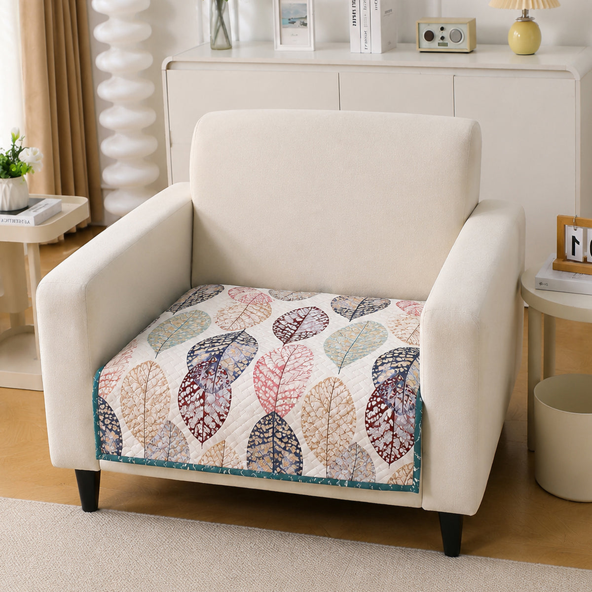 'Homehues' Printed Quilted Sofa Cover Mats, Multicolor Linden Leaf