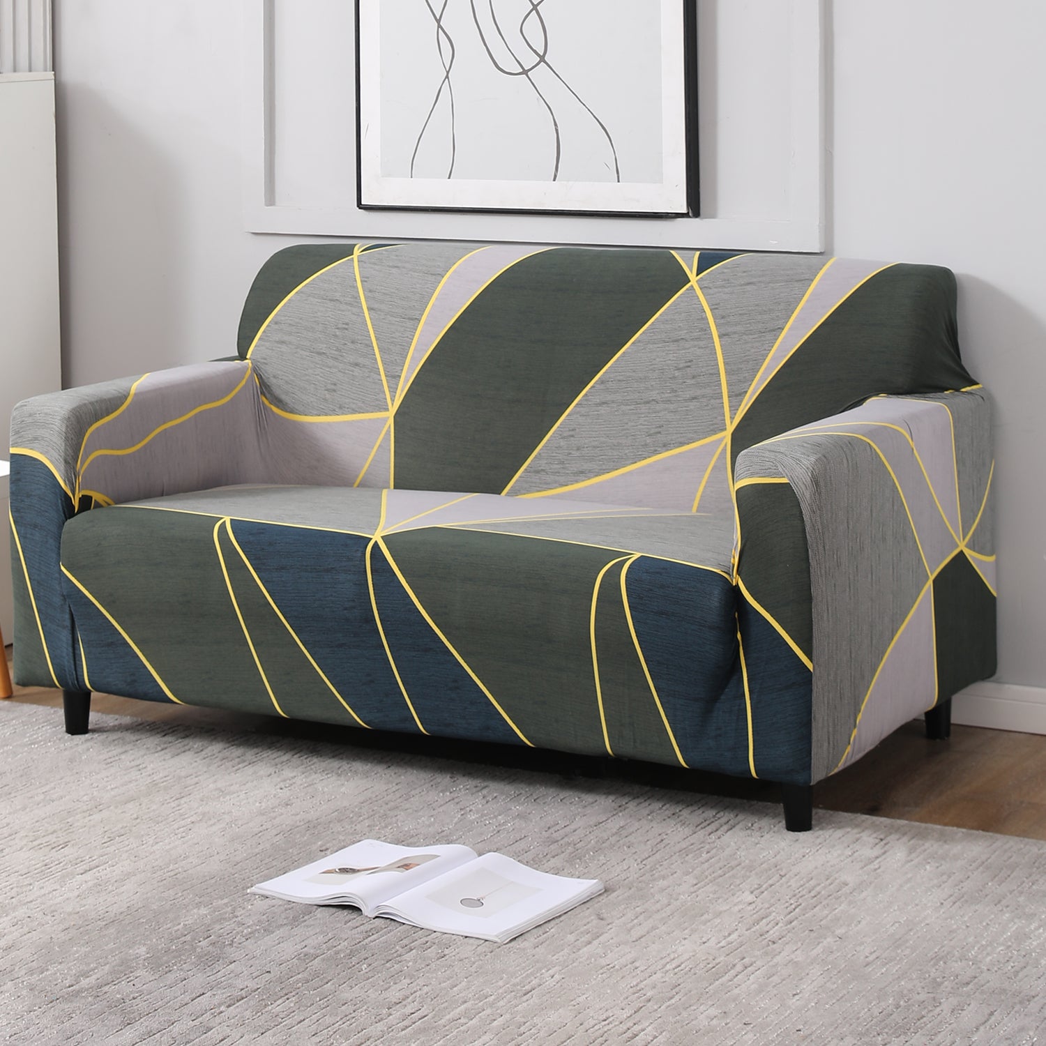 Seaweed Geometric Abstract stretchable two seater sofa cover