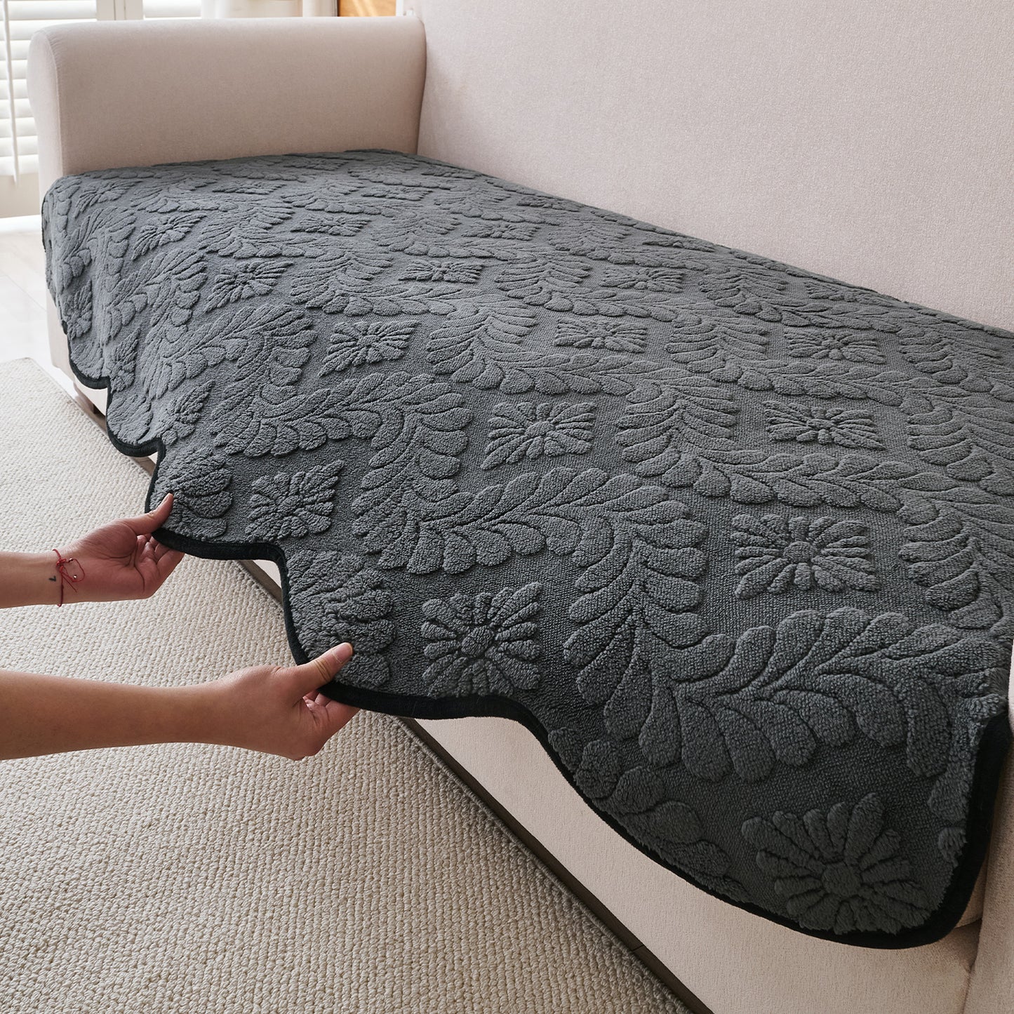 Embossed Floral Jacquard Anti-Slip Sofa Cover Mat, 'Wavy Petal Crest Series' Charcoal Grey