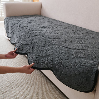 Embossed Floral Jacquard Anti-Slip Sofa Cover Mat, 'Wavy Petal Crest Series' Charcoal Grey