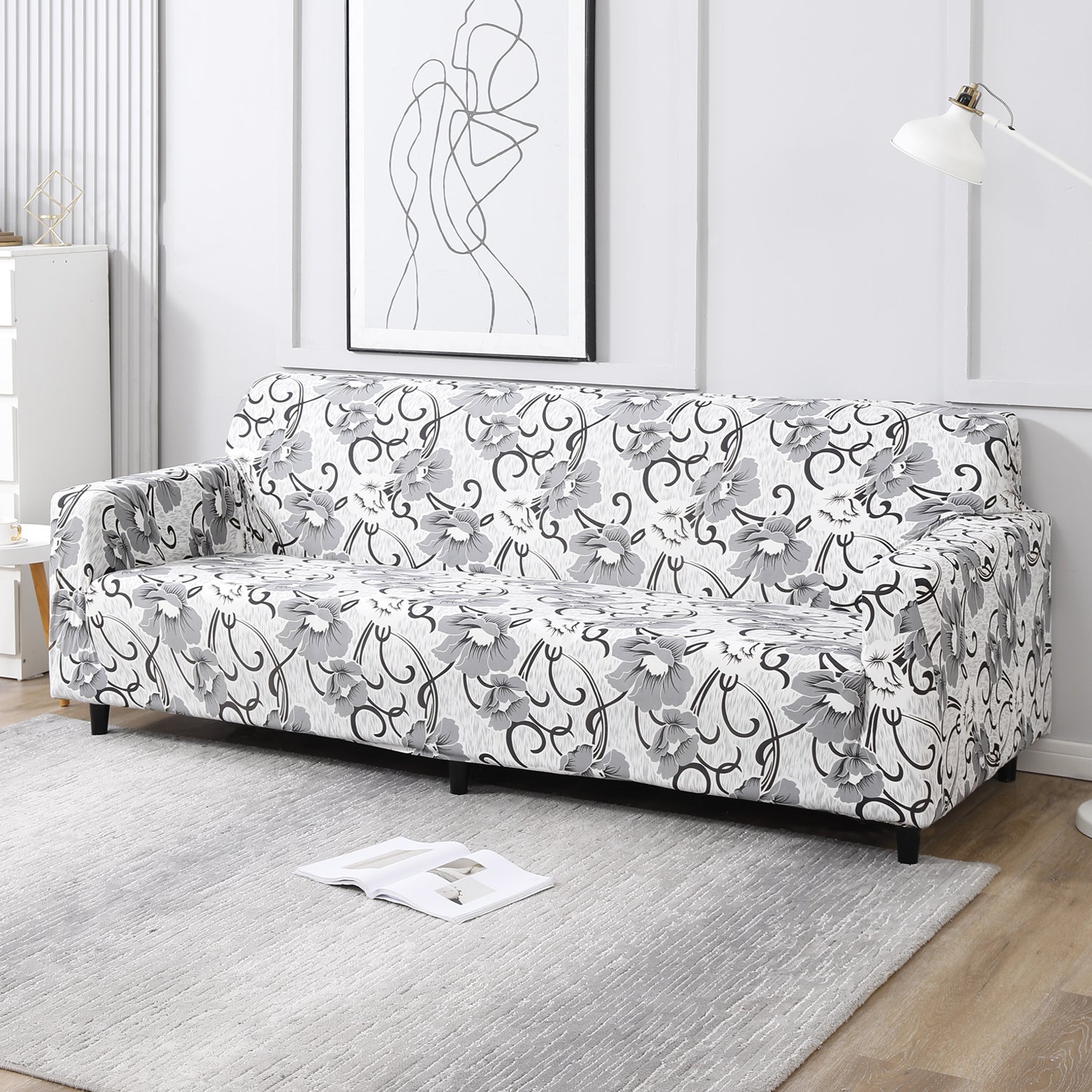 White Grey Flowers Printed, non slip, Stretchable 4 seater sofa cover​s