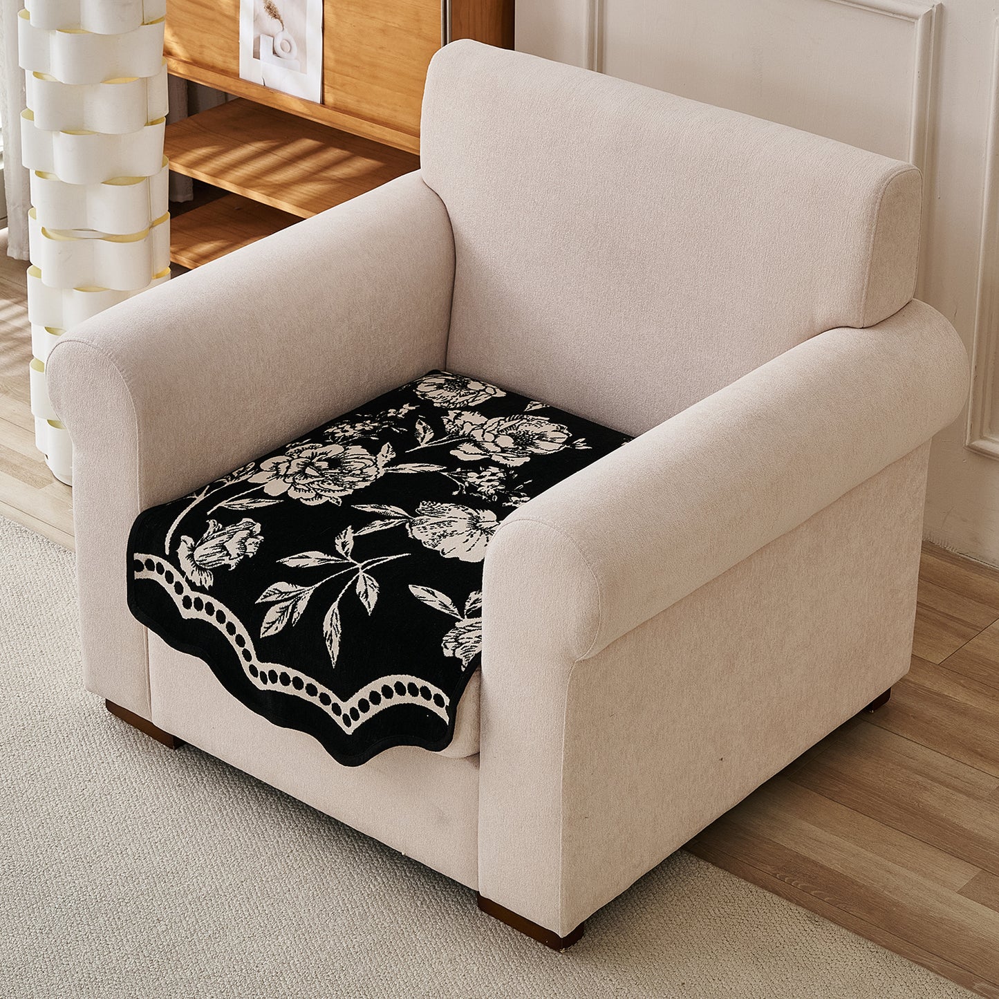 Chenille Sofa Cover Mat with Curvy Edges, 'Retro Curves Series' Sofa Mat, Classic Black