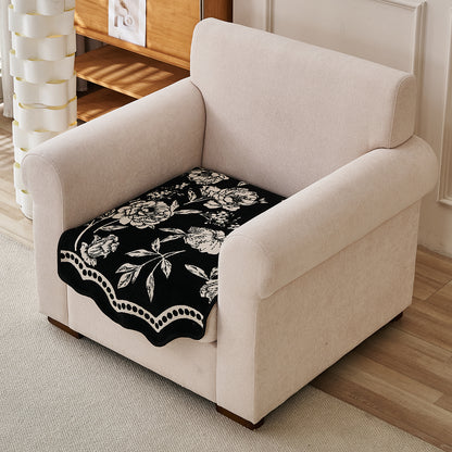 Chenille Sofa Cover Mat with Curvy Edges, 'Retro Curves Series' Sofa Mat, Classic Black