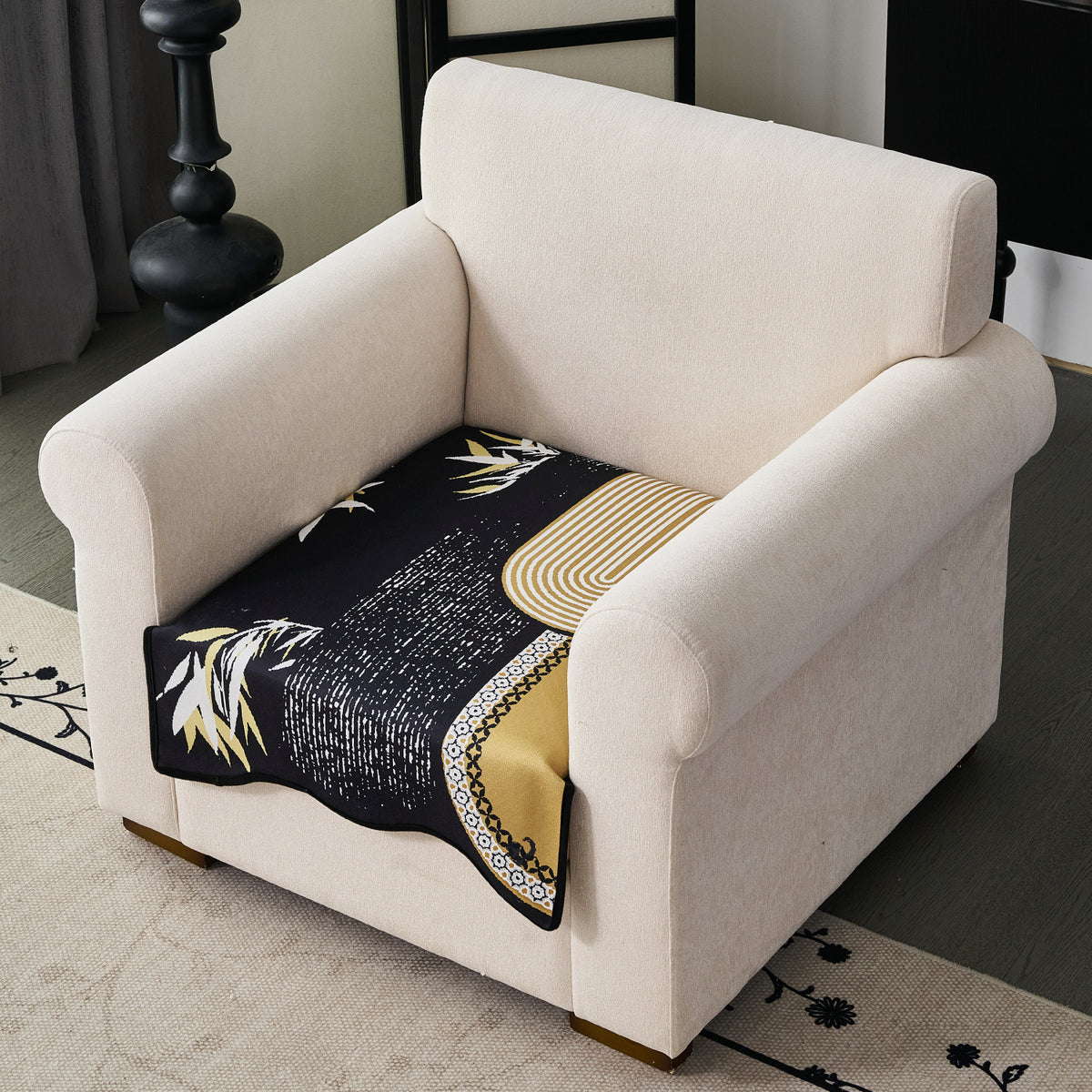 Arcea Chenille With Curved Edges Sofa Cover Mat, Mustard Gold Tribal