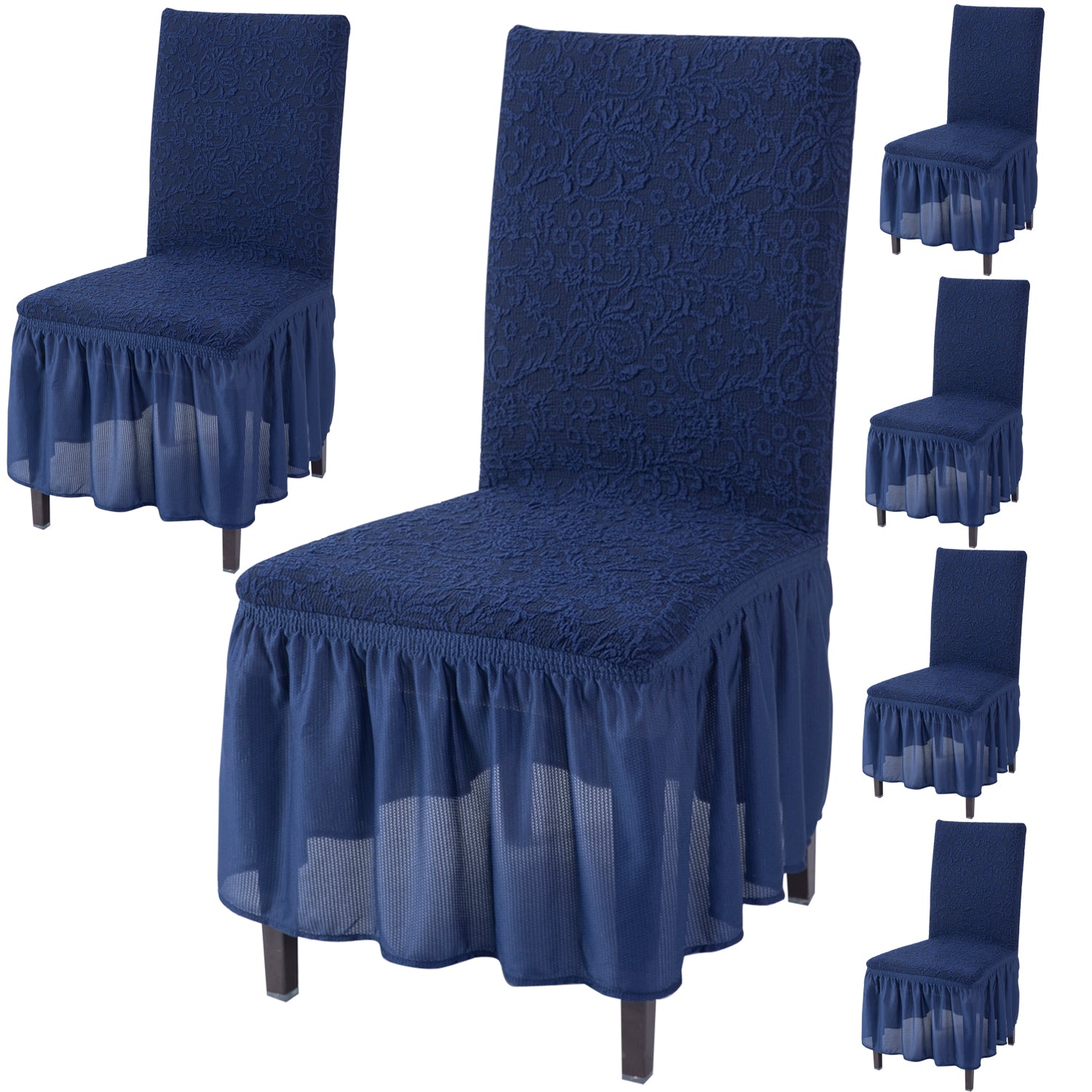 Elastic Stretchable Designer Woven Jacquard Dining Chair Cover with Frill, Navy Blue
