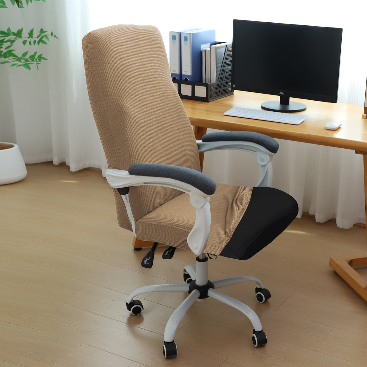 Water Repellent Office Chair Cover for Executive Chair (High-Back) – 210 GSM Stretchable Jacquard – Washable & Anti-Slip – Fits Big & Tall Office Chairs, Camel