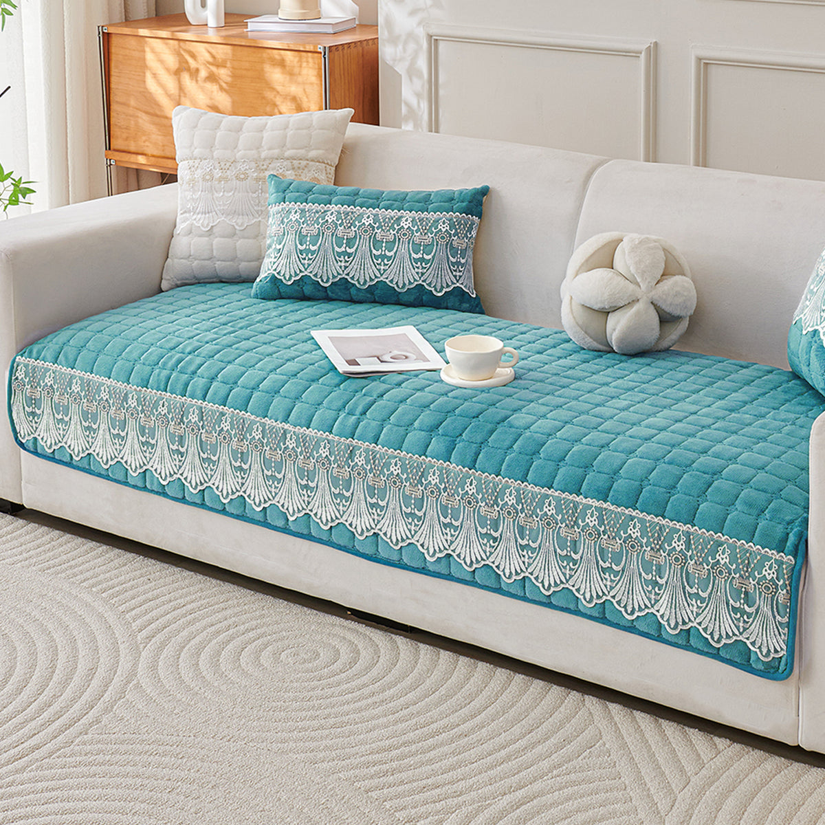 BelleLace Series Imperial Milk Velvet Sofa Cover Mat with Lace Design - Teal
