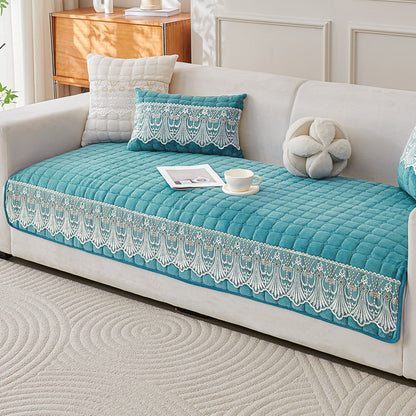 BelleLace Series Imperial Milk Velvet Sofa Cover Mat with Lace Design - Teal