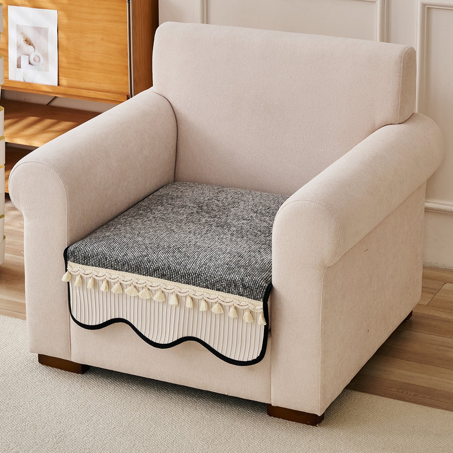 'Wavy Royale Series' Thick Woven Weave Chenille Sofa Cover with Tassel, Moon Grey