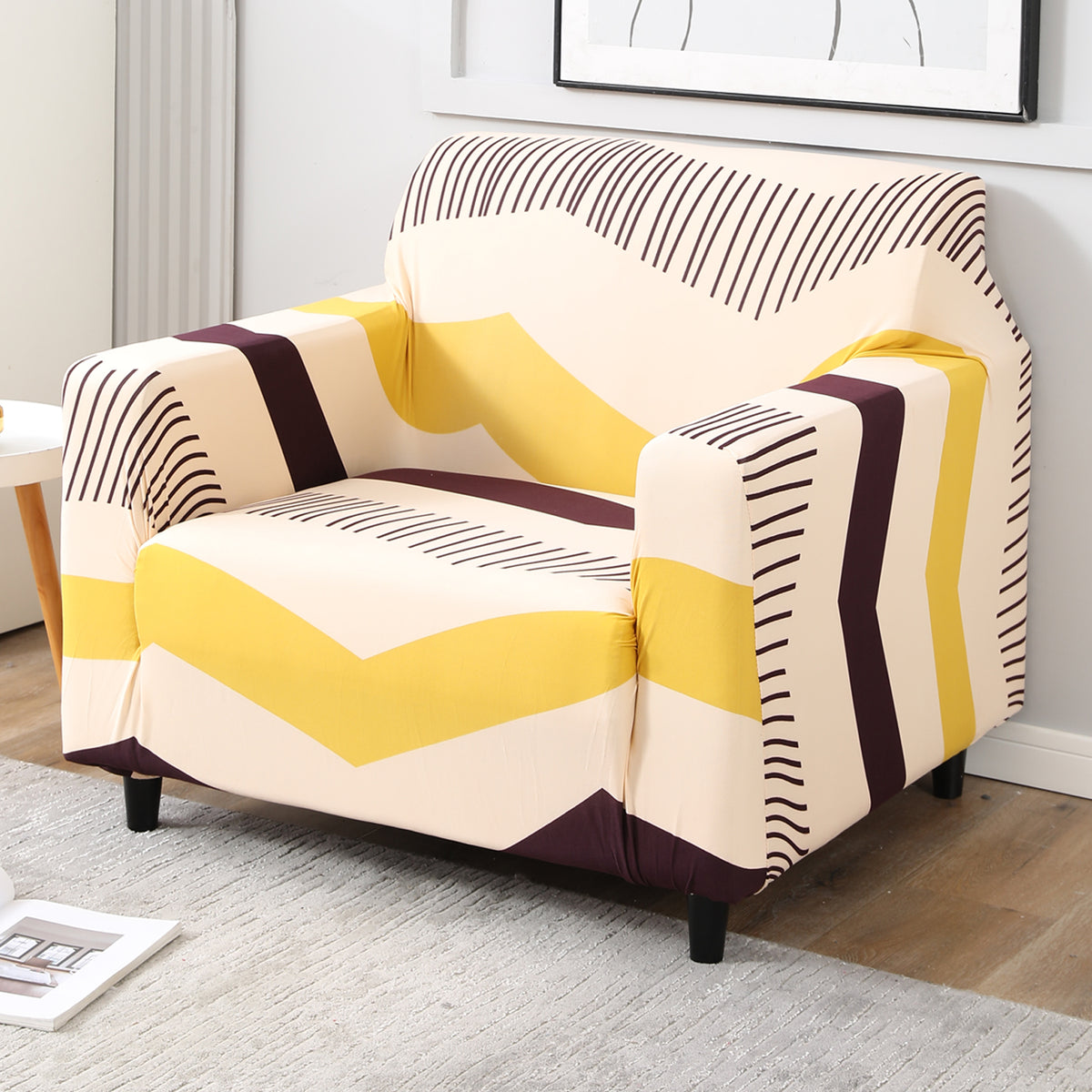 Beige Brown Chevron Print non slip elastic 1 seater sofa cover​