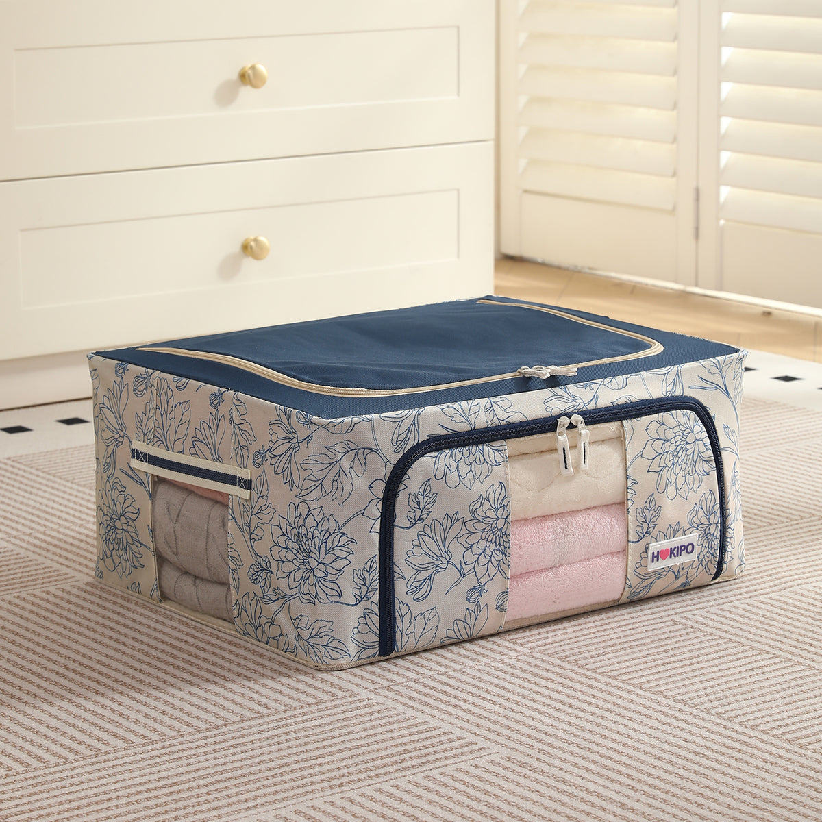 Foldable Cloth Storage Organizer for Wardrobe, Blue Blossom