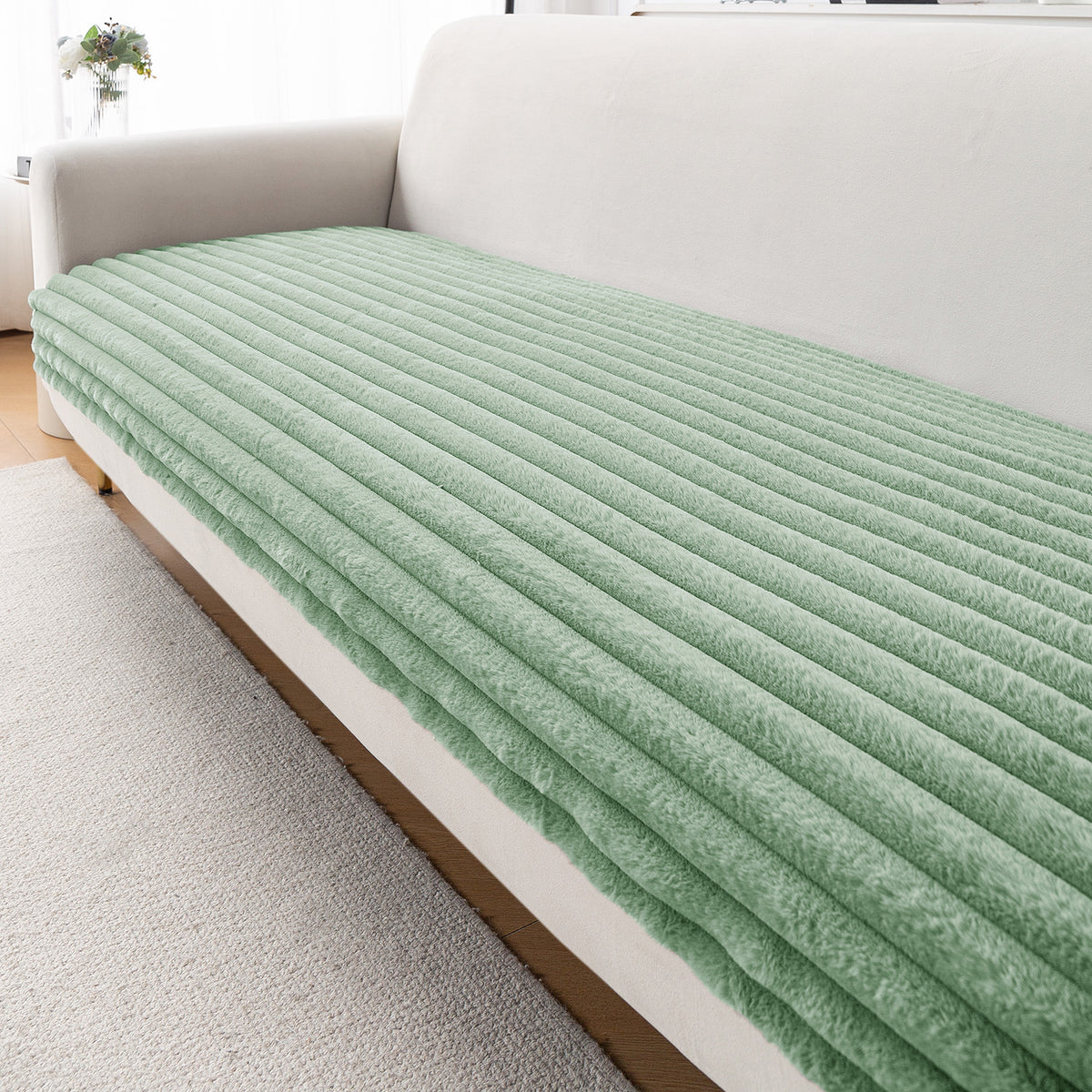 Faux Rabbit Fur Plush Anti-Slip Sofa Mat |Snuggle Fur Sage Green
