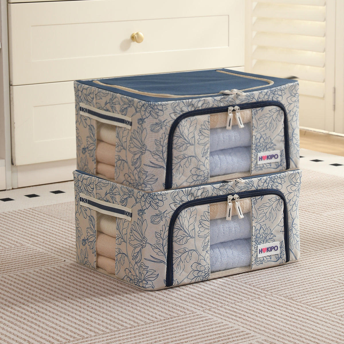 Foldable Cloth Storage Organizer for Wardrobe, Blue Blossom