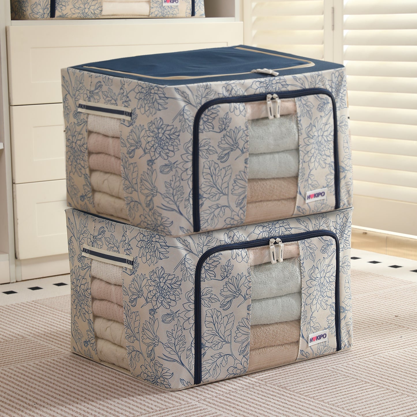 Foldable Cloth Storage Organizer for Wardrobe, Blue Blossom