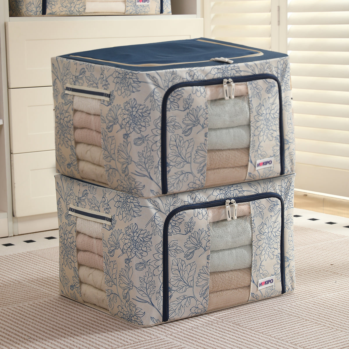 Foldable Cloth Storage Organizer for Wardrobe, Blue Blossom