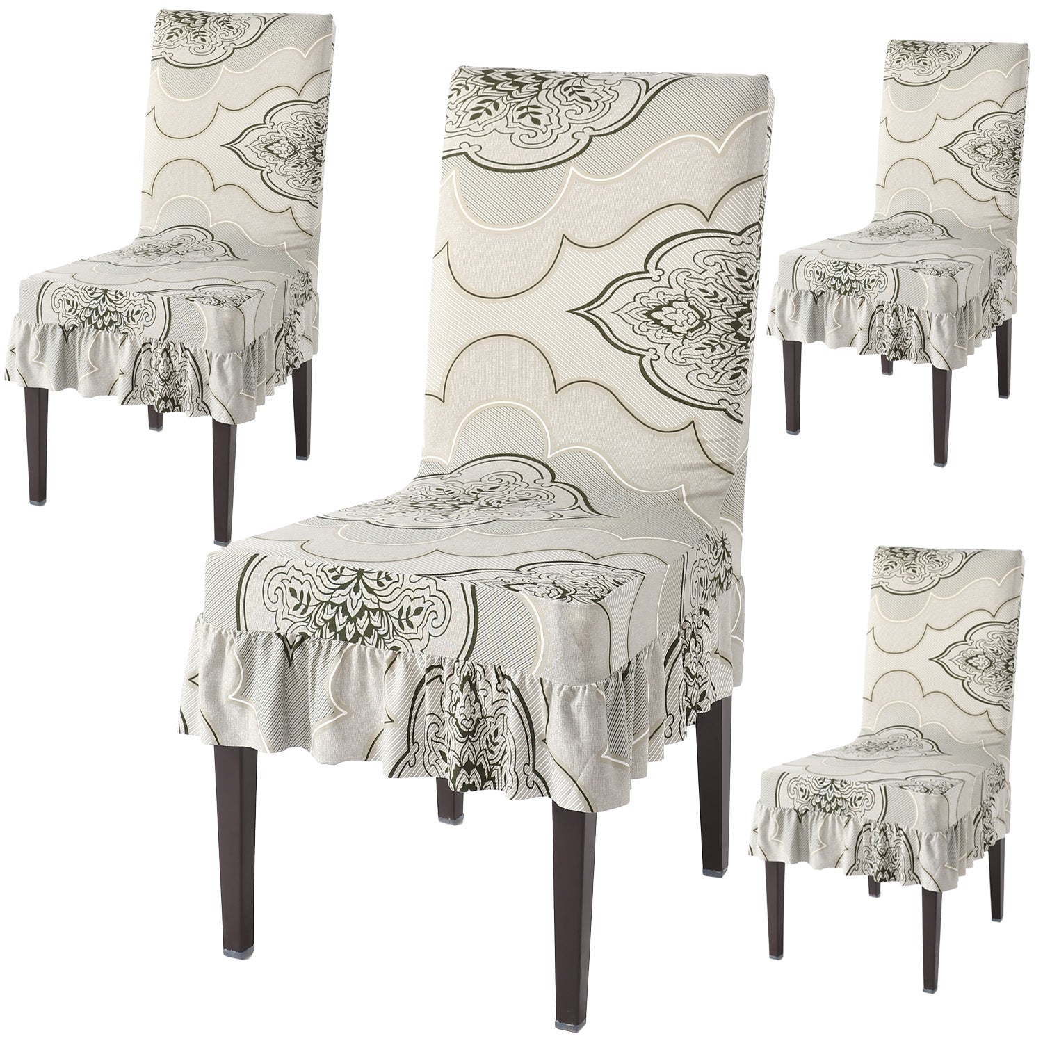 Elastic Stretchable Dining Chair Cover with Frill, Ivory Moroccan Floral