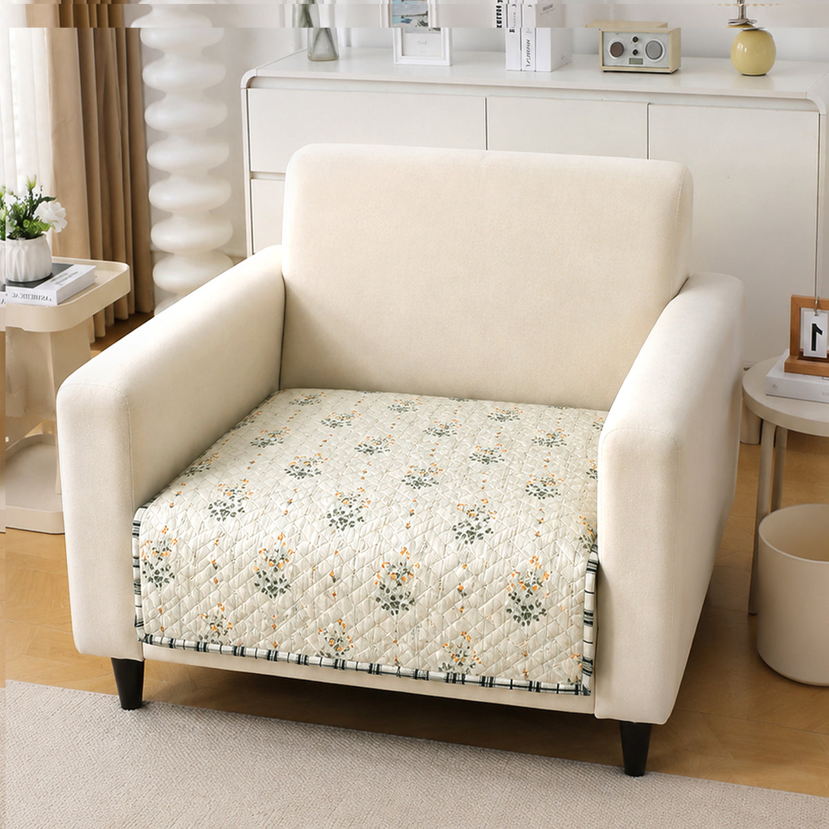 'Homehues' Printed Quilted Sofa Cover Mats, Light Green Ash Gypsy Flower