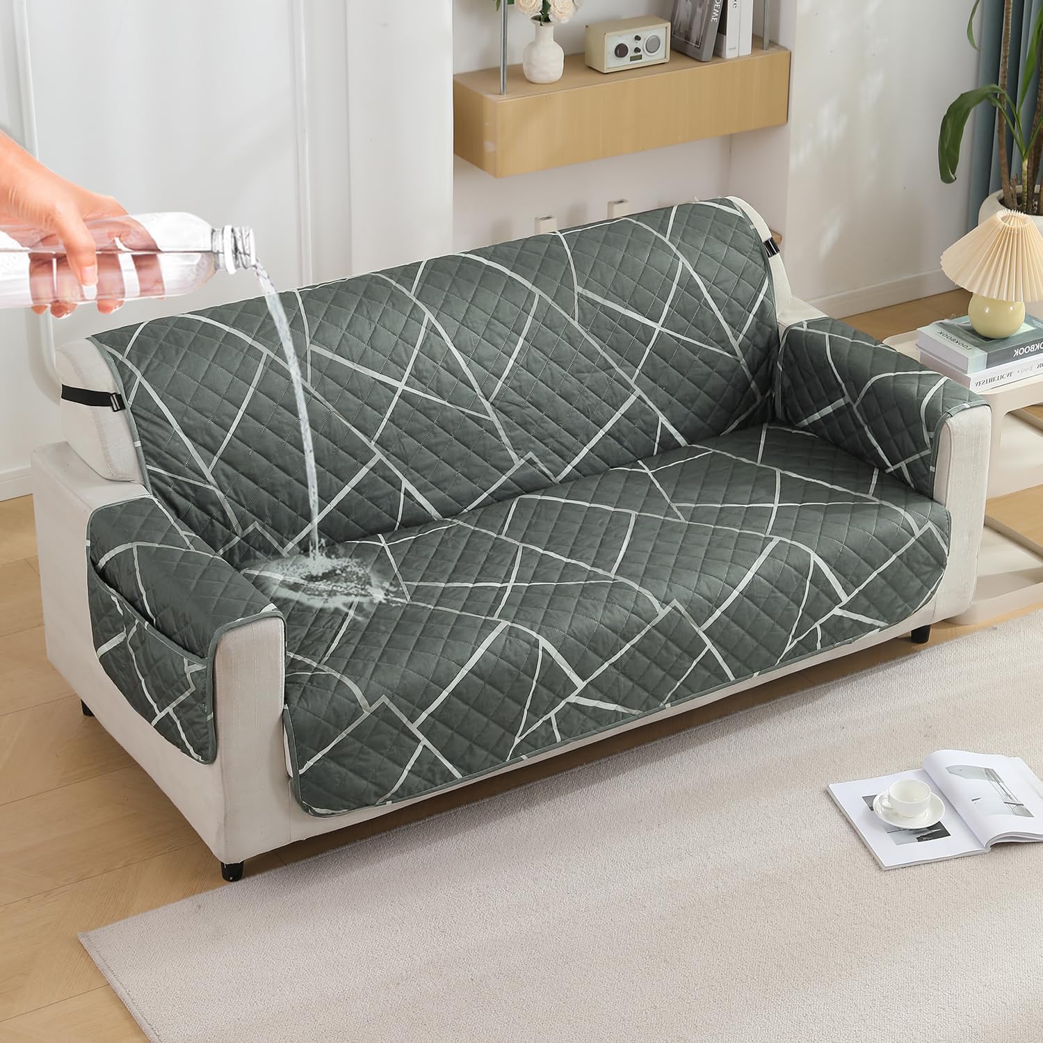 3 seater quilted waterproof sofa mat - Abstract Geometric Shadow Grey print  | Hokipo